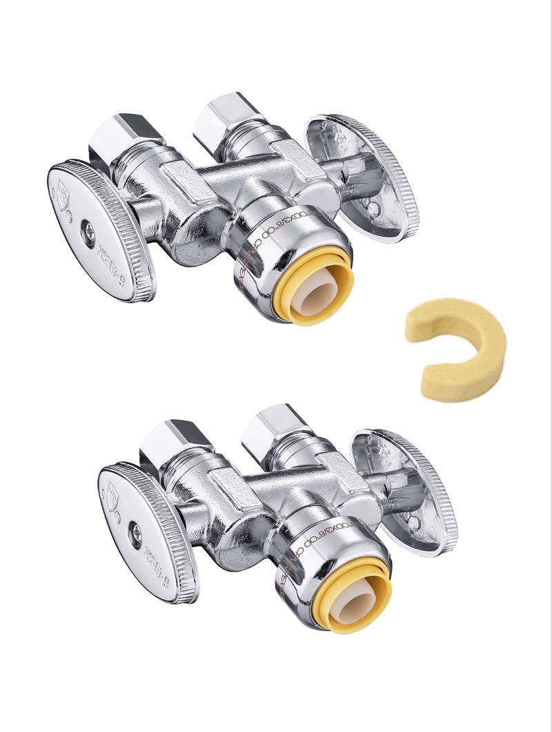 EFIELD (Pack of 2) EFIELD Push Fit 1/2" x Dual 3/8" OD Compression Straight Stop Valve 1/4 Turn with a Disconnect Clip Tool,(PF-VALVE039-2PCS) - Image 1
